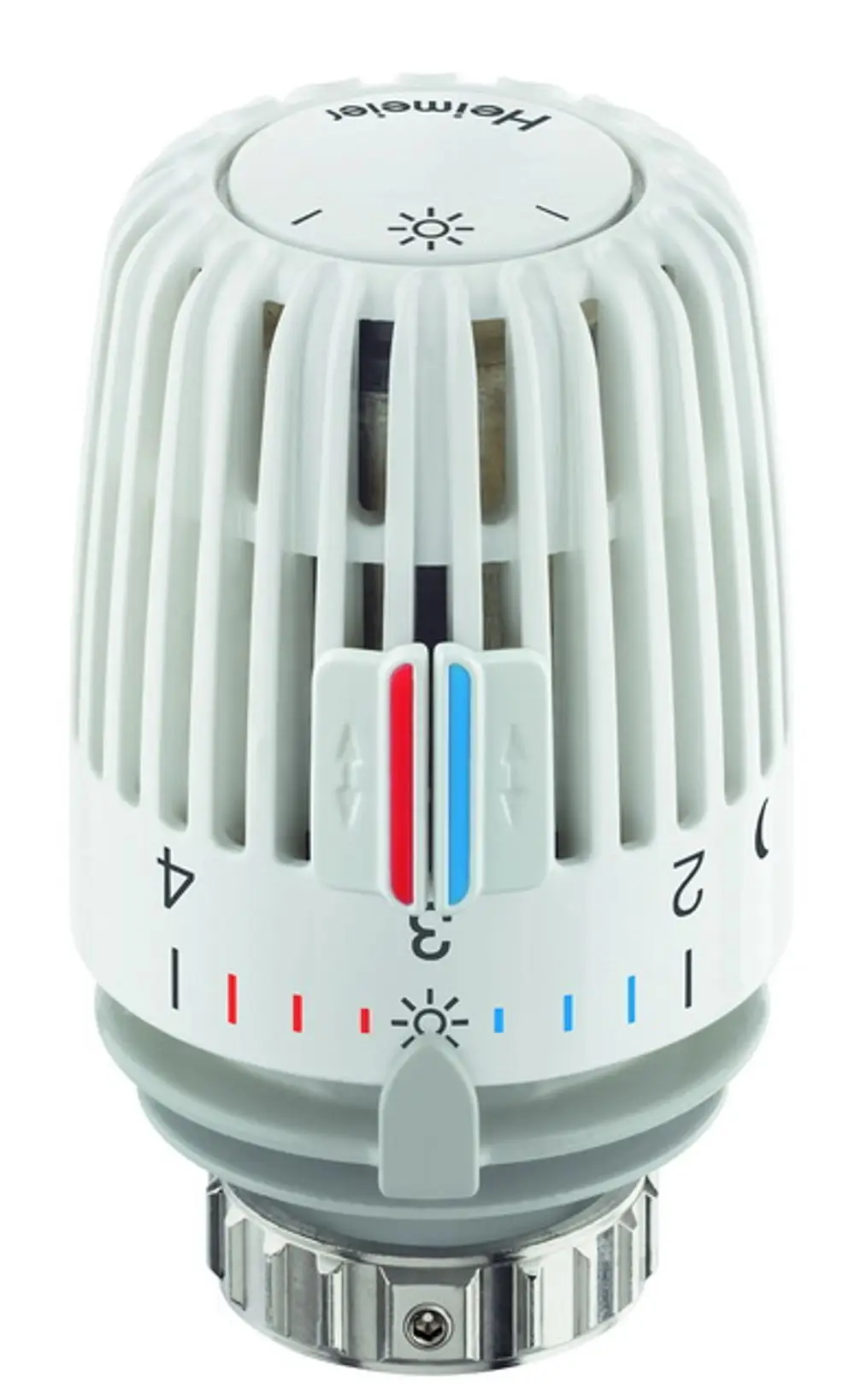 Thermostatkopf in Weiß von IMI Hydronic Engineering mit Temperaturregelung und Diebstahlsicherung, abgebildet in der Oberansicht.
